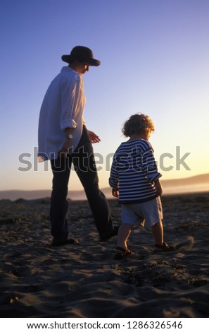Rear view of a mother and her child walking on a seashore.