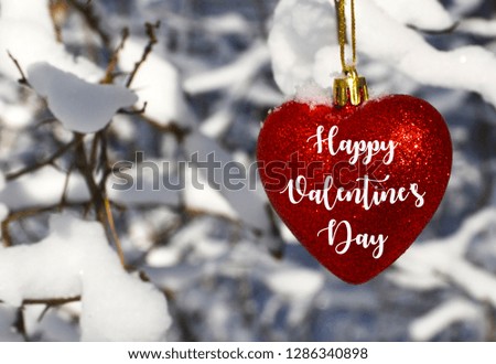 Happy Valentine's Day greeting card with red heart on a snowy winter trees background.14th of February.Love or Saint Valentine Day celebration
concept.Selective focus.