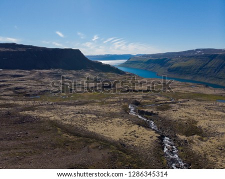 View on Icelandic wild nature in sunny day from above, drone aerial shot, photo
