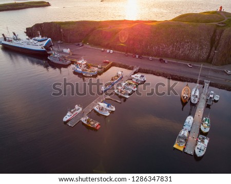Sunset in Stykkishólmur harbor, port, Sunset in Iceland, love traveling and exploring world, drone aerial shot, photo