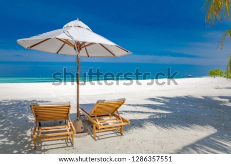 Tropical beach scenery, as summer landscape with beach chairs or loungers and white sand and calm sea for beach banner. Wonderful beach vacation and summer holiday concept. Boost up color process