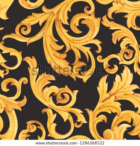 Watercolor golden baroque pattern, rococo ornament on a black background. Rich luxury print
