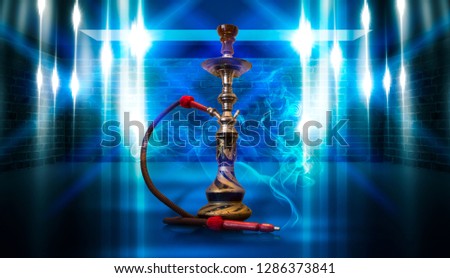 Smoking a hookah against a brick wall, concrete floor, blue  neon light, smoke