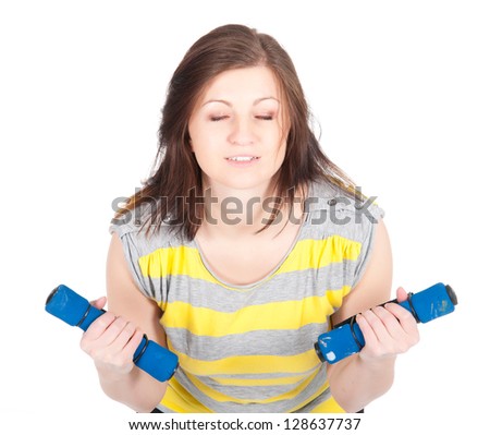 Young woman doing fitness exercises isolated on white background.
