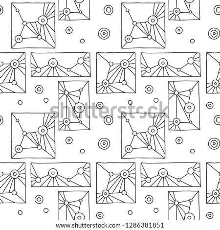 Seamless vector pattern. Black and white geometrical hand drawn background with rectangles, squares, triangles, dots. Print for wallpaper, packaging, wrapping, fabric. Line drawing, graphic design