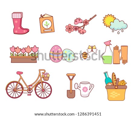 Set of colorful spring icons. Seasonal symbols in flat style. Garden, Flowers and other design elements, isolated on white background. Nature clip art.Vector illustration