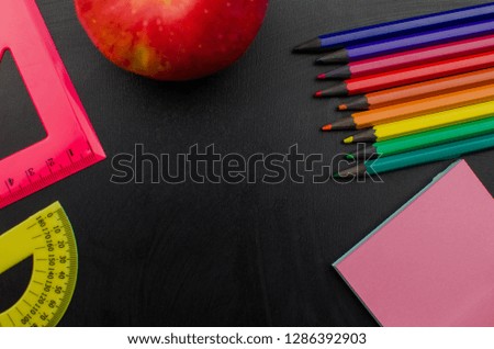 School office supplies including board. Copy space for text