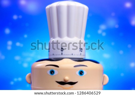 Sky chef for food in the air symbol. Kitchen timer clock. Blue sky bubble clouds background. Fast food delivery. Restaurant serving meals and delivery. Sky menu card - Image