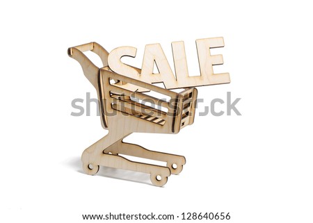 Shopping Cart with Sale Wooden sign - isolated on white background