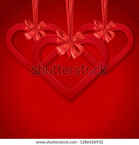 Happy Valentine's day decoraive postcard banner with red hearts and decorative ribbon bow, vector illustration