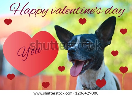 Greeting card for Valentine's day, with a cute pug. Cartoon dog with crown and glasses and heart. illustration for a postcard or a poster. Text "Happy Valentine's Day.