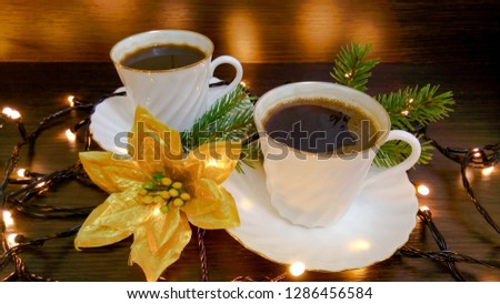 Imperial Porcelain. Bone Porcelain. Coffee. Fir Tree. Two Cups. Gerland. Gold Christmas Flower