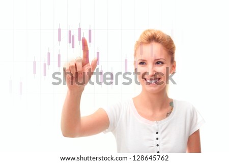 Young woman touching stock market on the screen