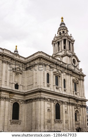 Architectural fragments of Magnificent St. Paul Cathedral (1675 - 1711) in London. It sits at top of Ludgate Hill - highest point in City of London. UK.