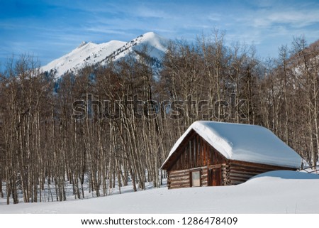 Log cabin covered in snow in a wintry landscape.
