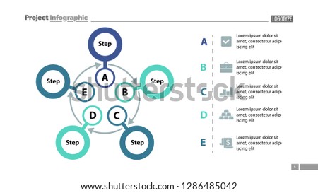 Five steps process chart slide template. Business data. Scheme, diagram, design. Creative concept for infographic, presentation. Can be used for topics like management, production, training.