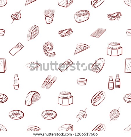 American food, Japanese food, Seafood, Snacks and Table setting set. Background for printing, design, web. Usable as icons. Seamless. Binary color.