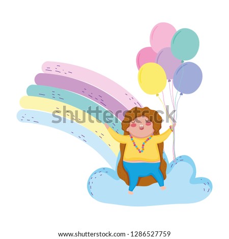 Little chubby girl with rainbow and balloons helium