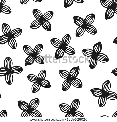 Drawing abstract seamless background with hand drawn linear elements. Pattern with hand drawn black flowers.