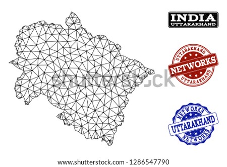 Black mesh vector map of Uttarakhand State isolated on a white background and grunge stamp seals for networks. Abstract lines, dots and triangles forms map of Uttarakhand State.