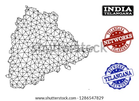 Black mesh vector map of Telangana State isolated on a white background and grunge stamp seals for networks. Abstract lines, dots and triangles forms map of Telangana State.