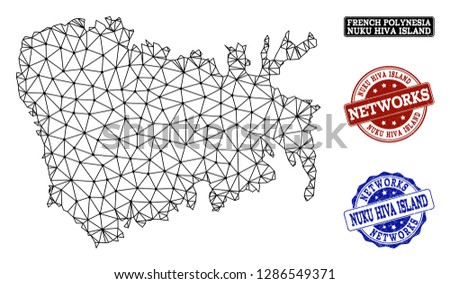 Black mesh vector map of Nuku Hiva Island isolated on a white background and grunge stamp seals for networks. Abstract lines, dots and triangles forms map of Nuku Hiva Island.