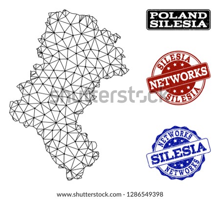 Black mesh vector map of Silesia Province isolated on a white background and rubber watermarks for networks. Abstract lines, dots and triangles forms map of Silesia Province.
