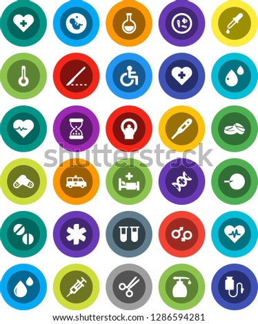 White Solid Icon Set- liquid soap vector, heart pulse, cross, ambulance star, disabled, thermometer, flask, vial, gender sign, dna, pregnancy, insemination, syringe, dropper, scissors, scalpel