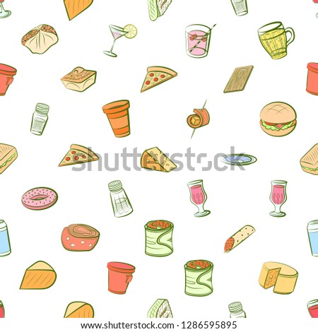 American food, Cheeses, Drinks, Snacks and Table setting set. Background for printing, design, web. Usable as icons. Seamless. Colored.