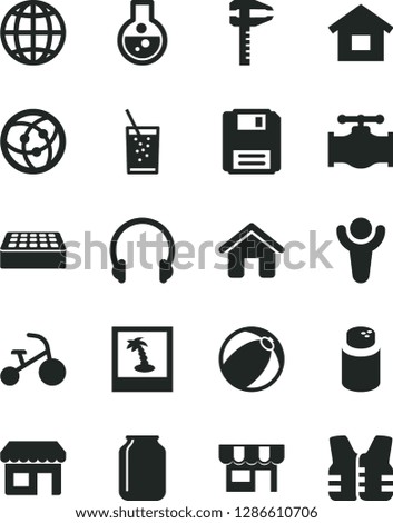 Solid Black Vector Icon Set - powder vector, baby bath ball, tricycle, house, dwelling, brick, headphones, earth, kiosk, a glass of soda, valve, calipers, jar, network, floppy, flask, winner, photo