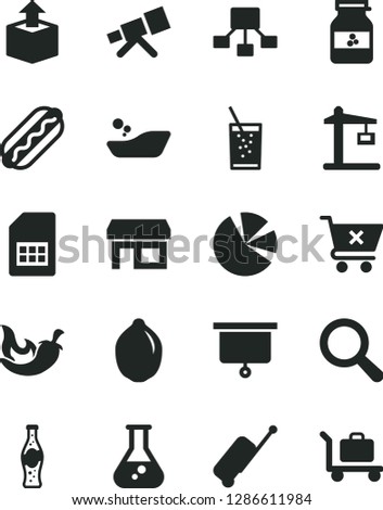 Solid Black Vector Icon Set - magnifier vector, children's bathroom, crossed cart, unpacking, Hot Dog, chili, a glass of soda, bottle, jar jam, lime, Construction crane, SIM card, stall, pie charts