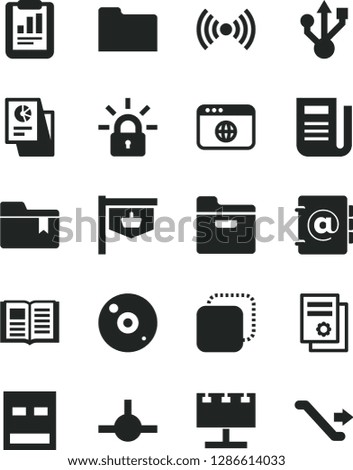 Solid Black Vector Icon Set - folder bookmark vector, book, address, copy, vintage sign, billboard with illumination, statistical report, research, scientific publication, newspaper, usb, cd