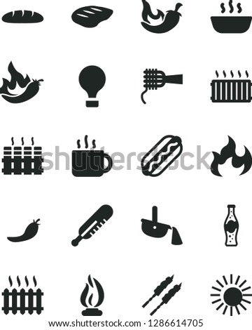 Solid Black Vector Icon Set - mercury thermometer vector, radiator, loaf, Hot Dog, noodles, porridge, chop, barbecue, chili, cup of tea, bottle soda, red pepper, steel production, cast iron, flame
