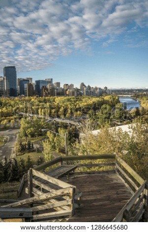 View of the Calgary and Bow river in a fall morning, Canada