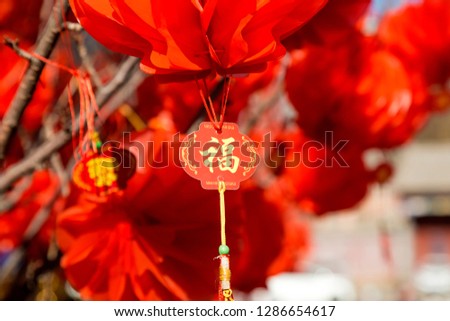 Hang red lanterns for the New Year(Translation:Fortune and prosperity are treasures)