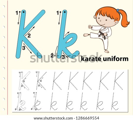Letter K tracing alphabet worksheets illustration