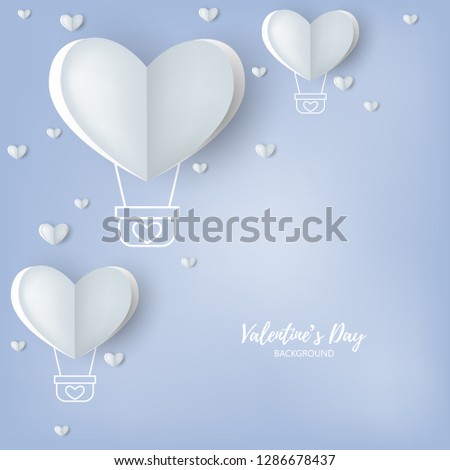 Valentine's day background of heart shape hot air balloons with lined pattern and many tiny hearts on light blue background for your copy space. Concept of love and Valentine day in paper art style.