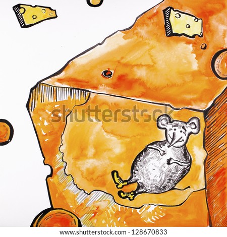 Illustration of a mouse eating cheese on a white background