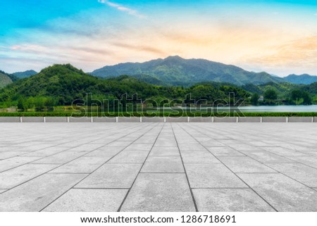 Empty Plaza Floor Bricks and Beautiful Natural Landscape