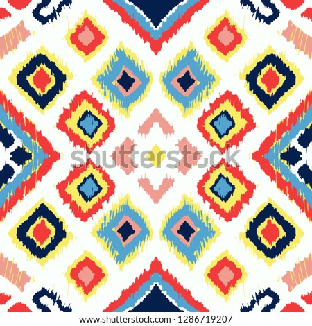 Ikat geometric folklore ornament with diamonds. Tribal ethnic vector texture. Seamless striped pattern in Aztec style. Folk embroidery. Indian, Scandinavian, Gypsy, Mexican, African rug.
