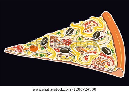 Colorful realistic hand drawn vector slice of vegetarian pizza topped with cheese, mushrooms, corn, bell pepper, onion rings, olives and tomatoes