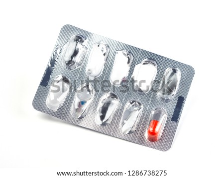 Used drugs, Used capsules, Used antibiotic packaging on white background, Close-up of empty pill package Royalty-Free Stock Photo #1286738275