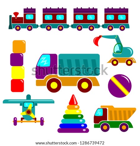 Set of flat vector illustrations. Colorful toys for kids: train, excavator, pyramid, ball, trucks, airplane and cubes. 