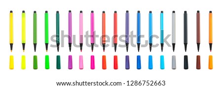 Row of Colorful magic pens with cap isolated on white background.