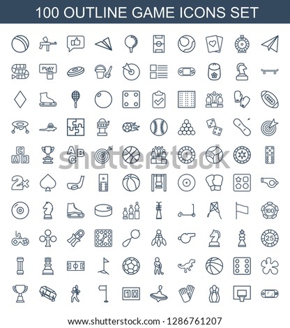 100 game icons. Trendy game icons white background. Included outline icons such as portable game console, basketball basket, bowling, gloves, whirligig. icon for web and mobile.