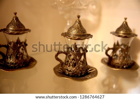Turkish tea set. Ottoman teacup with traditional arabic ornaments 