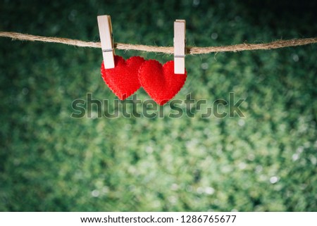 red fabric hearts clipping on rope with green nature background, Valentine's day concept