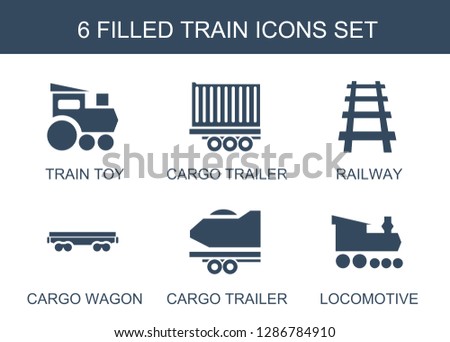 train icons. Trendy 6 train icons. Contain icons such as train toy, cargo trailer, railway, cargo wagon, locomotive. icon for web and mobile.
