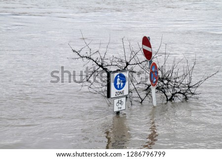 Extreme weather - flooded pedestrian zone in Cologne, Germany Royalty-Free Stock Photo #1286796799