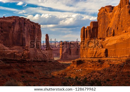 Sandstone monuments, Arches National Park, Utah Royalty-Free Stock Photo #128679962